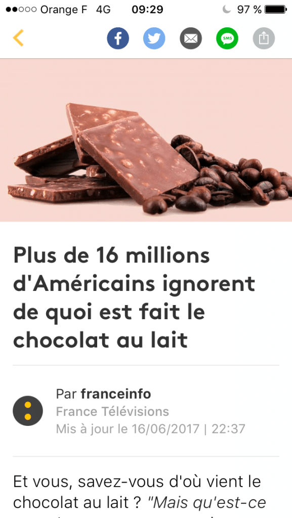 Capture d'écran de l'application FranceInfo qui montre un article sur le chocolat au lait